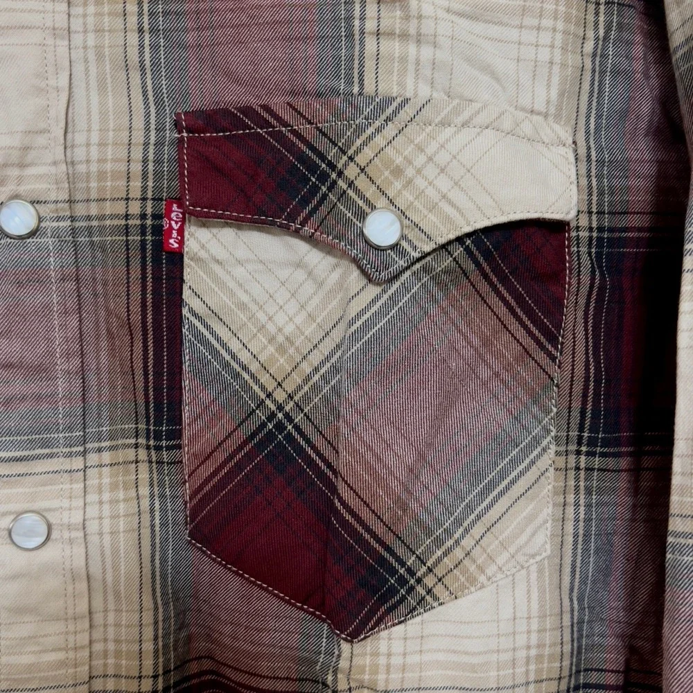 Levi's Men's Plaid Western Snap Button‎ Long Sleeve Shirt XL Burgundy Tan